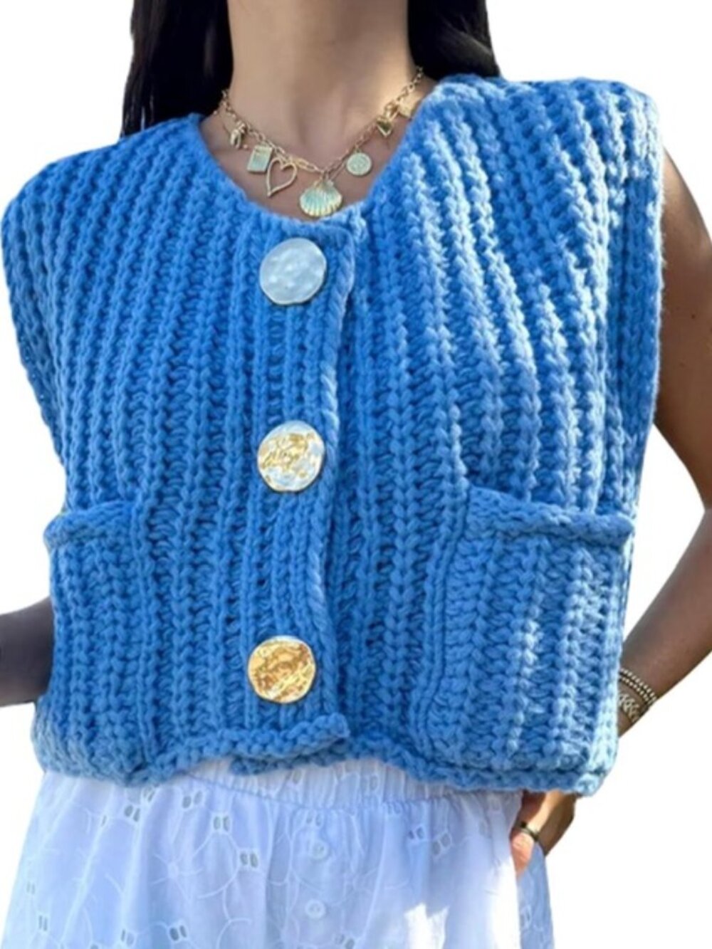 Blue Chunky Knit Sweater Vest Size M Gold Button Pocket Cozy Cardigan